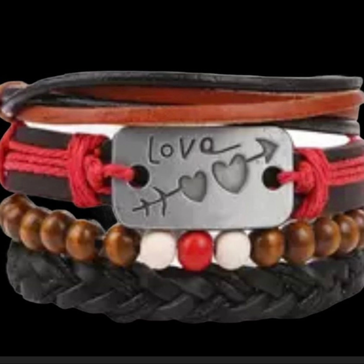 Multi-Layered Black Brown Leather and Bead Cuff Bracelet with Love Charm