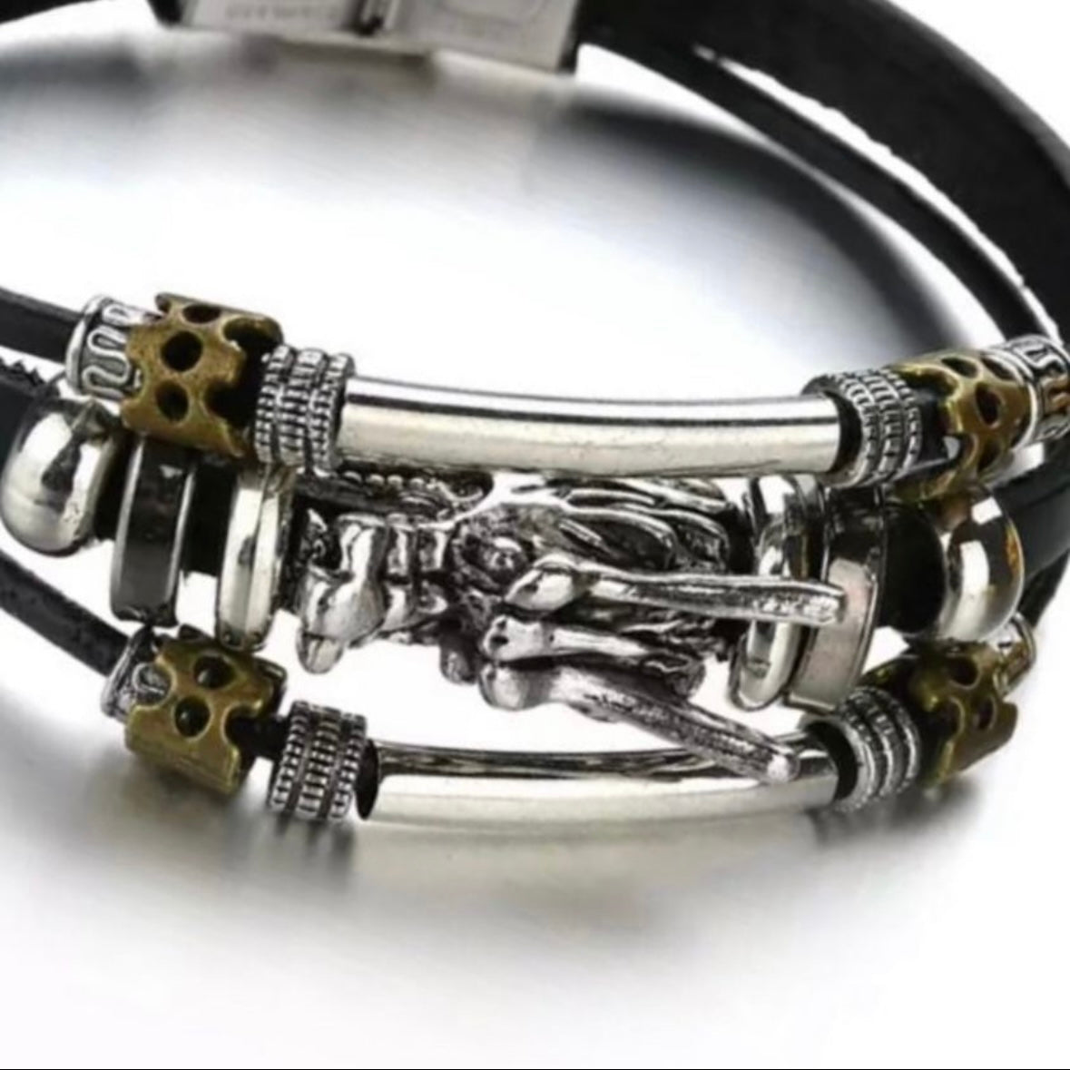 Triple Layered Dragon Charm Black Leather Bracelet Wrap Cuff