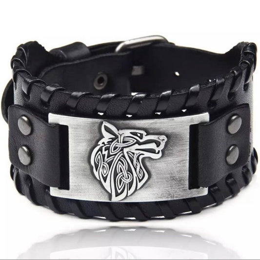 Leather Viking Wrap Bracelet Cuff with Wolf Charm