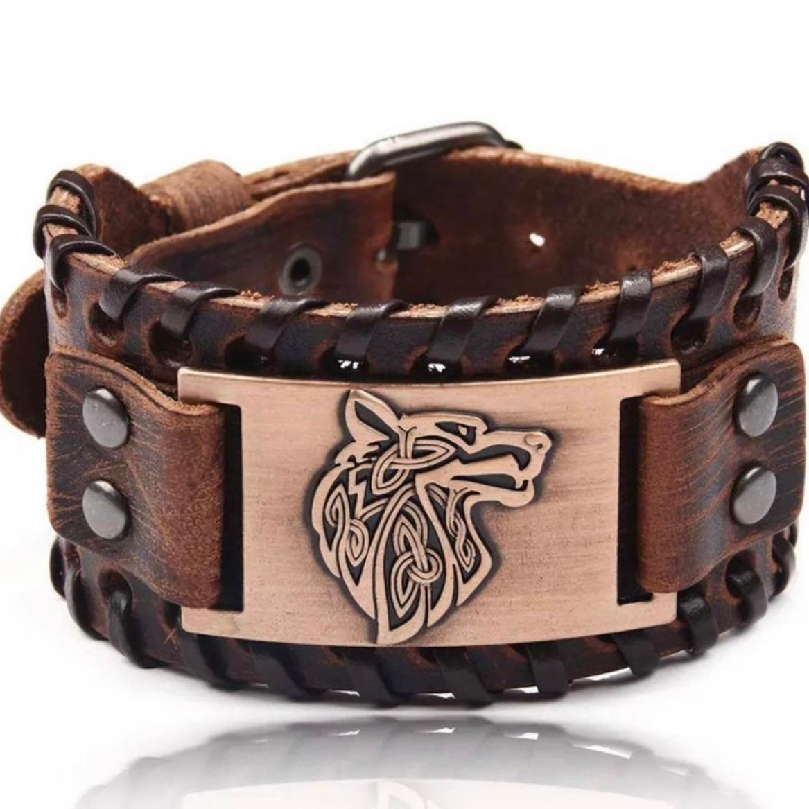 Leather Viking Wrap Bracelet Cuff with Wolf Charm