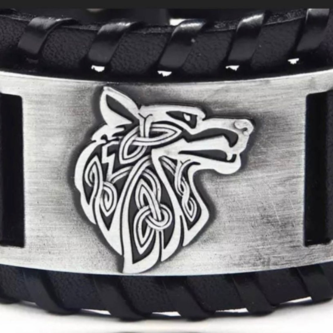 Leather Viking Wrap Bracelet Cuff with Wolf Charm