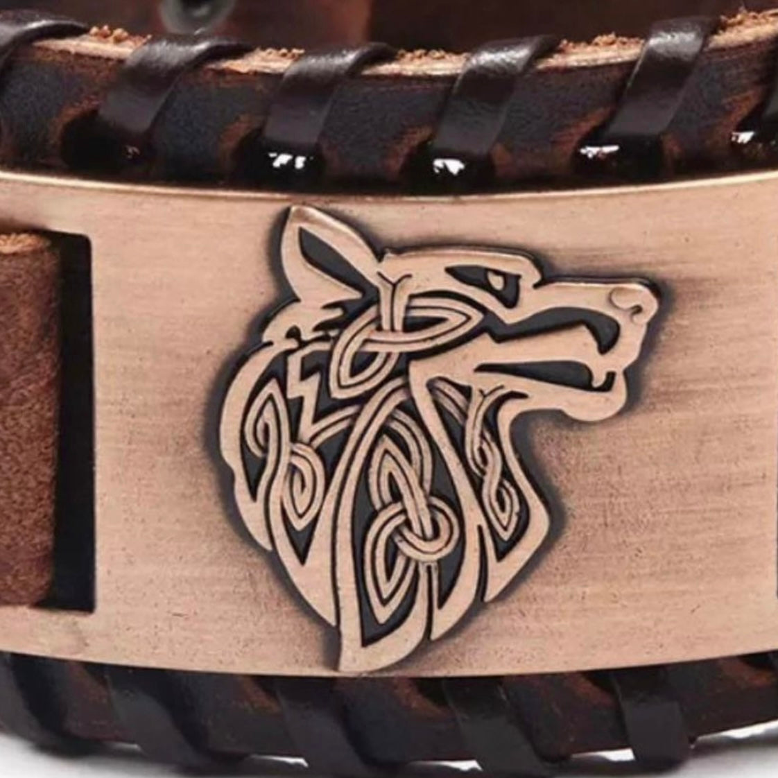 Leather Viking Wrap Bracelet Cuff with Wolf Charm