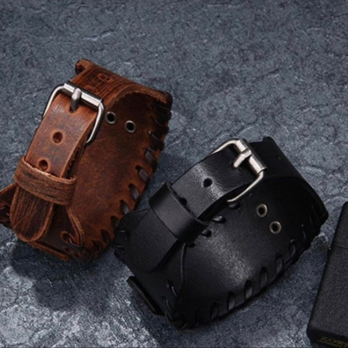 Leather Viking Wrap Bracelet Cuff with Wolf Charm