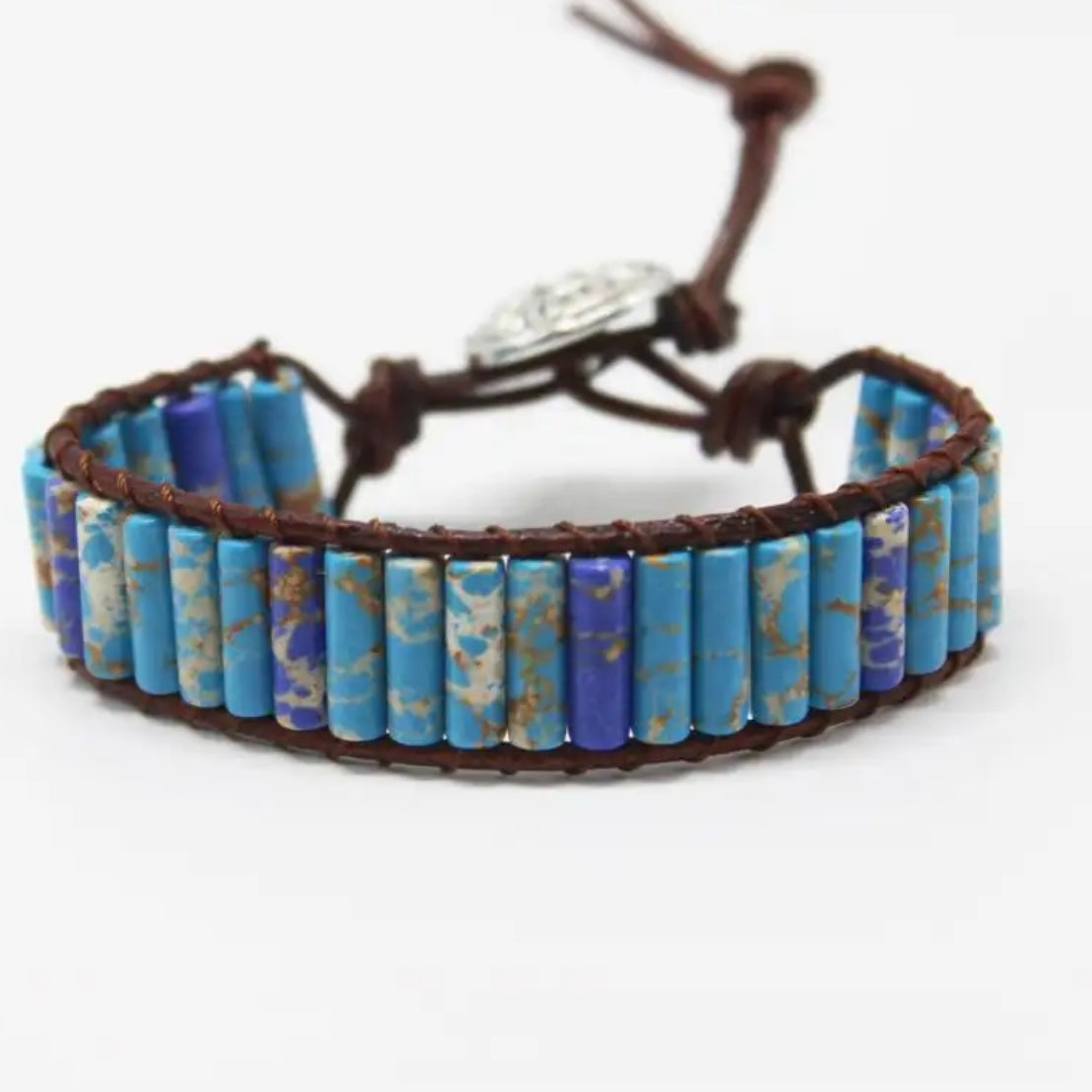 Chakra Jasper Natural Stone Tube Beads Leather Wrap Bracelets Available in Blue and Pink