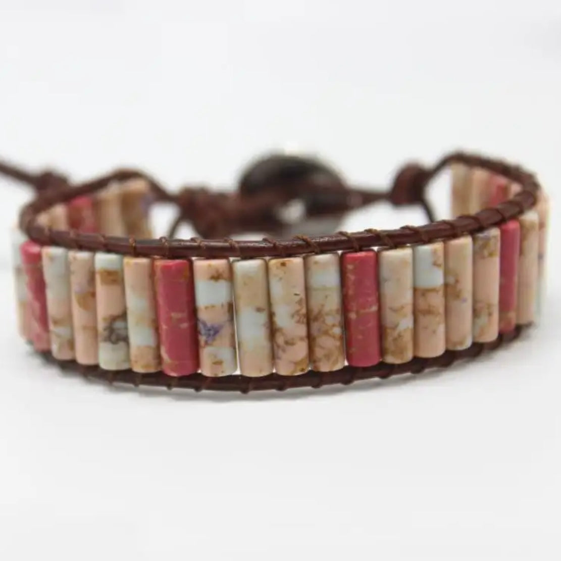 Chakra Jasper Natural Stone Tube Beads Leather Wrap Bracelets Available in Blue and Pink