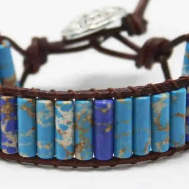 Chakra Jasper Natural Stone Tube Beads Leather Wrap Bracelets Available in Blue and Pink