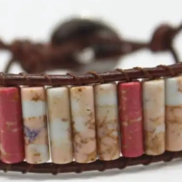 Chakra Jasper Natural Stone Tube Beads Leather Wrap Bracelets Available in Blue and Pink