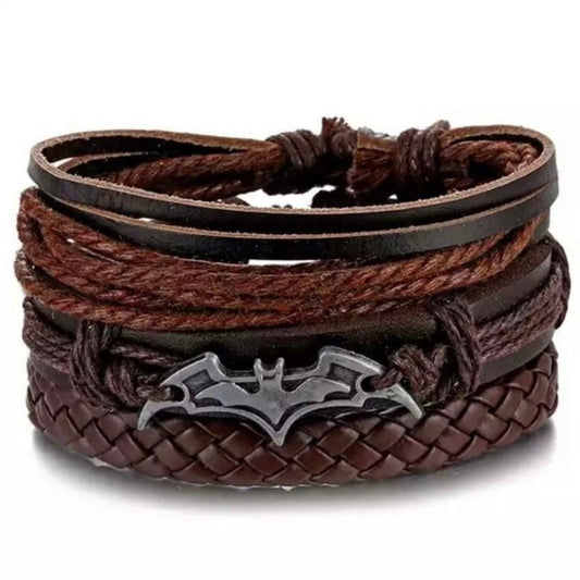 Multi-Layered Leather Brown Cuff Bracelet with a Bat Charm