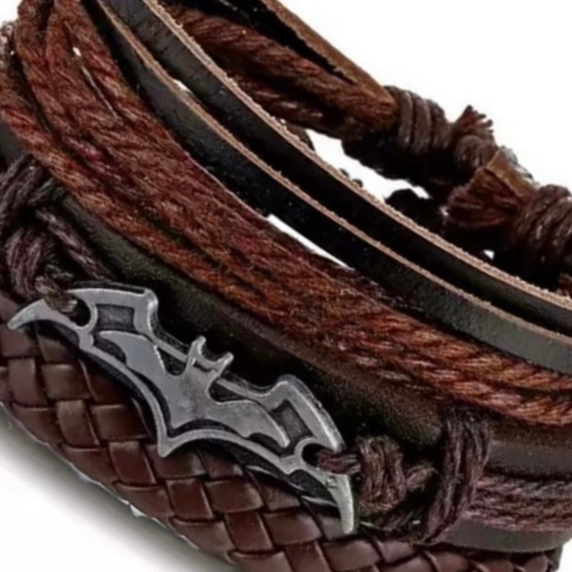 Multi-Layered Leather Brown Cuff Bracelet with a Bat Charm