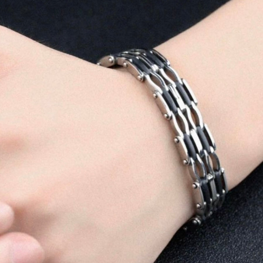 Black Silicon Stainless Steel Link Chain Bracelet Bangle