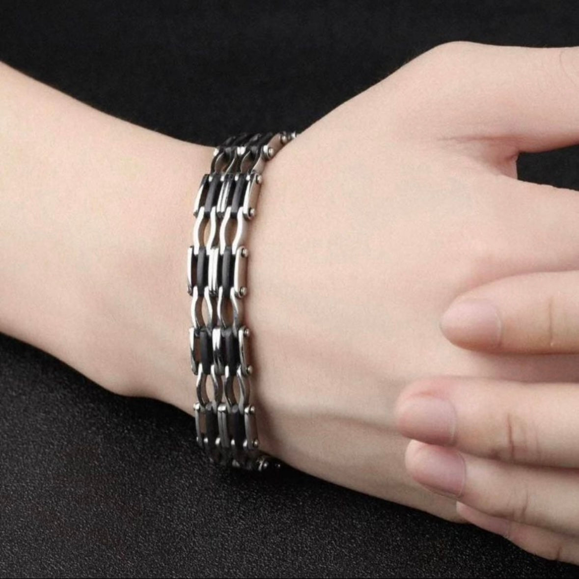 Black Silicon Stainless Steel Link Chain Bracelet Bangle