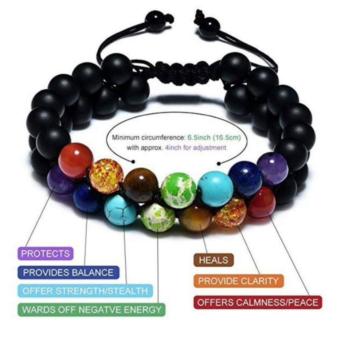 7 Chakra Adjustable 8mm Natural Stone Bracelet Double Woven Rope Yoga Balance healing