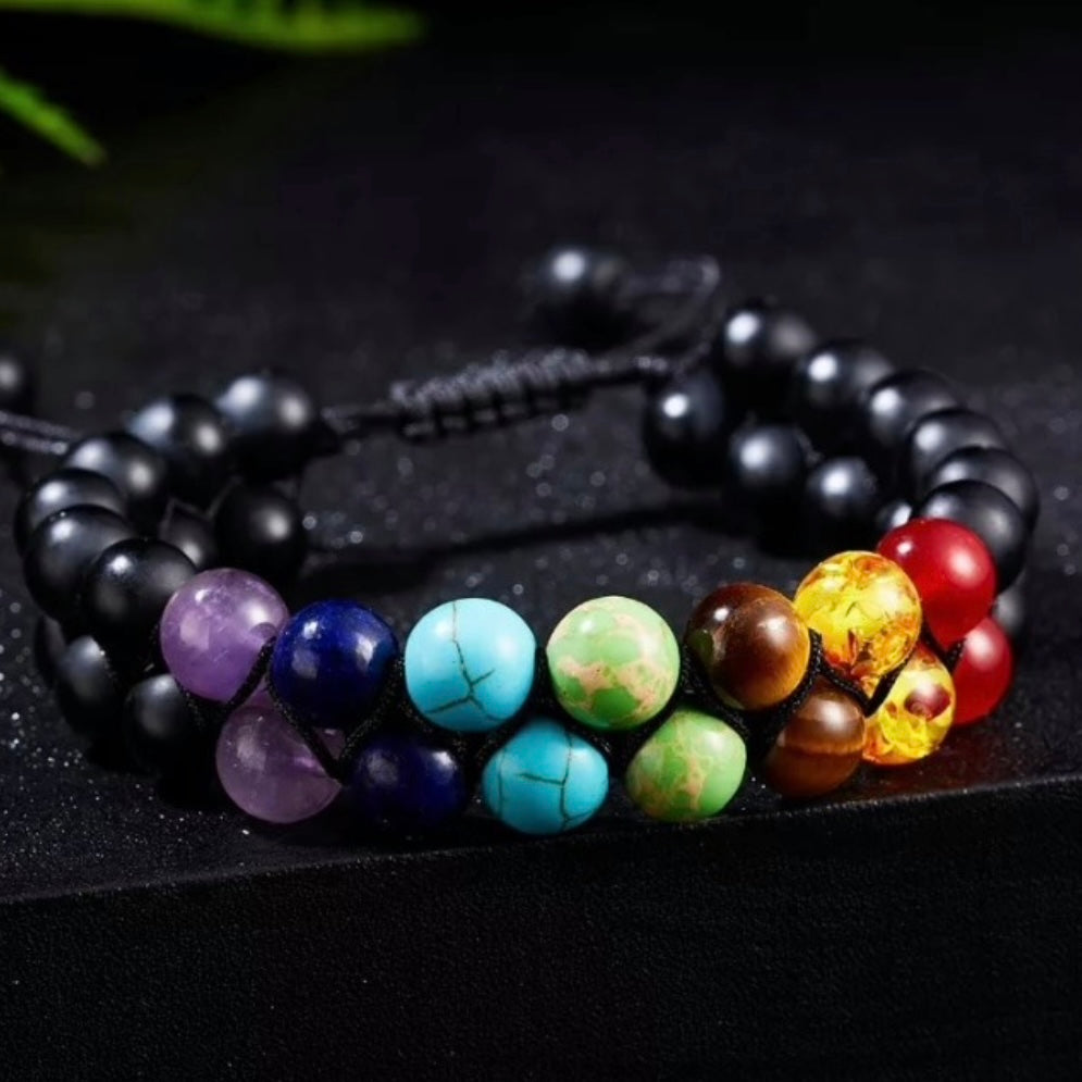 7 Chakra Adjustable 8mm Natural Stone Bracelet Double Woven Rope Yoga Balance healing