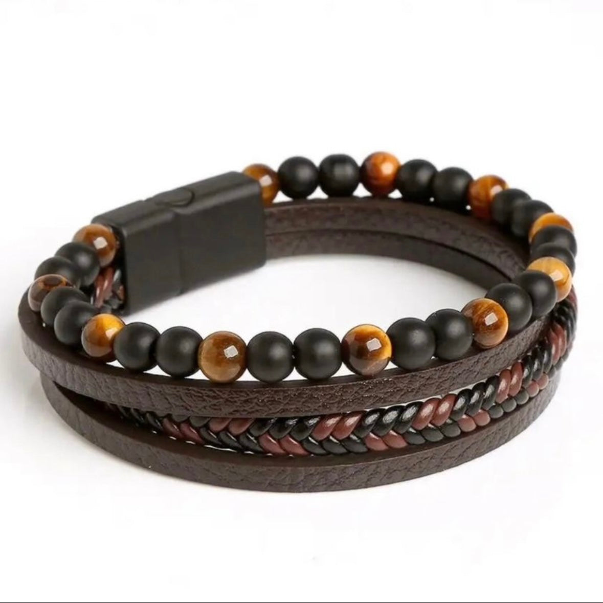 Brown Leather Multi Layered Simulated Tiger Eye Fashion Bracelet Wrap Wristband