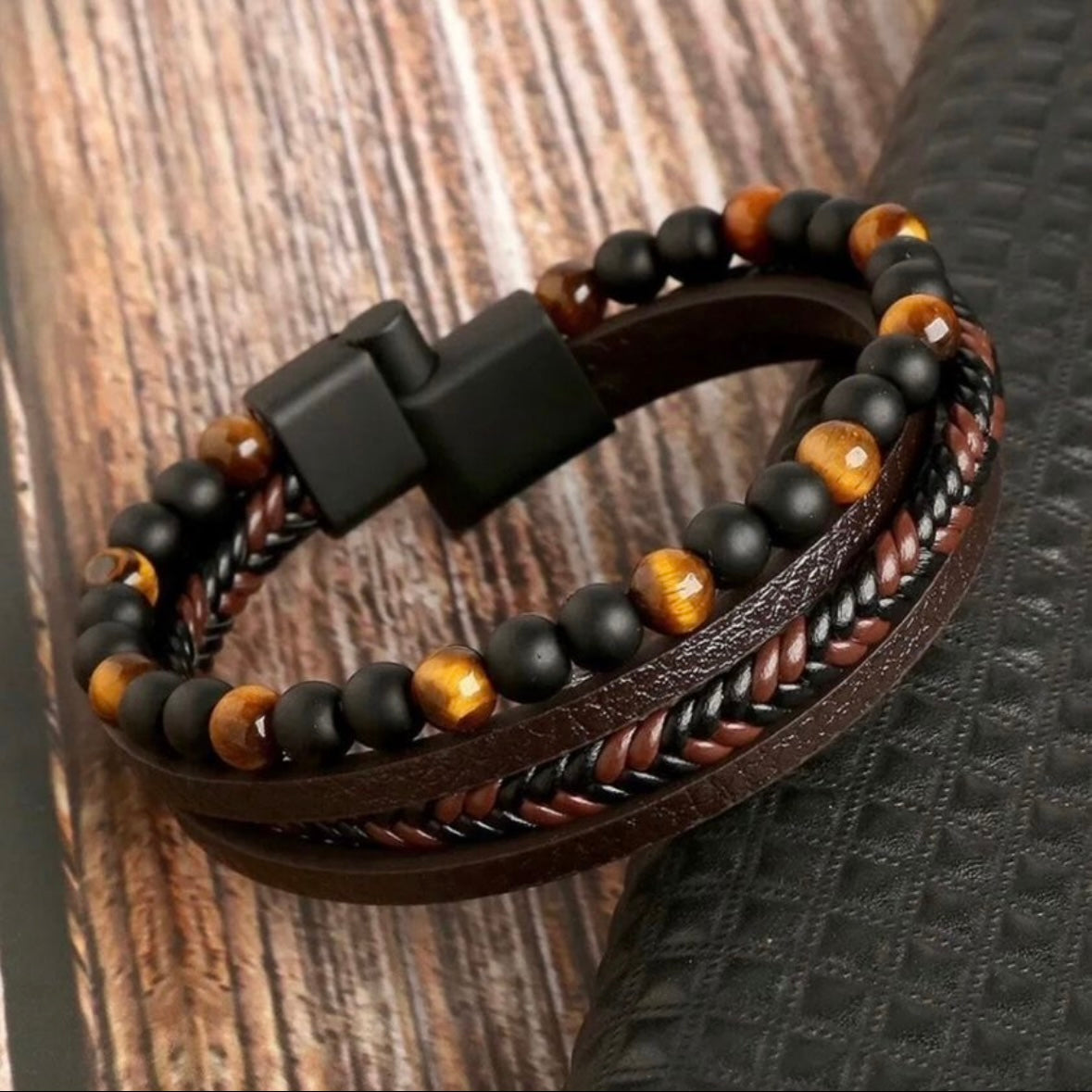 Brown Leather Multi Layered Simulated Tiger Eye Fashion Bracelet Wrap Wristband