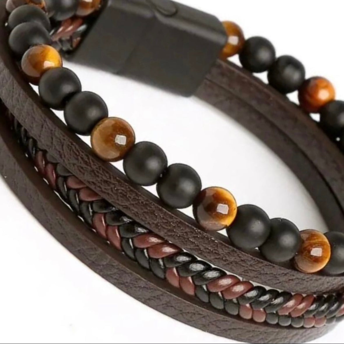 Brown Leather Multi Layered Simulated Tiger Eye Fashion Bracelet Wrap Wristband