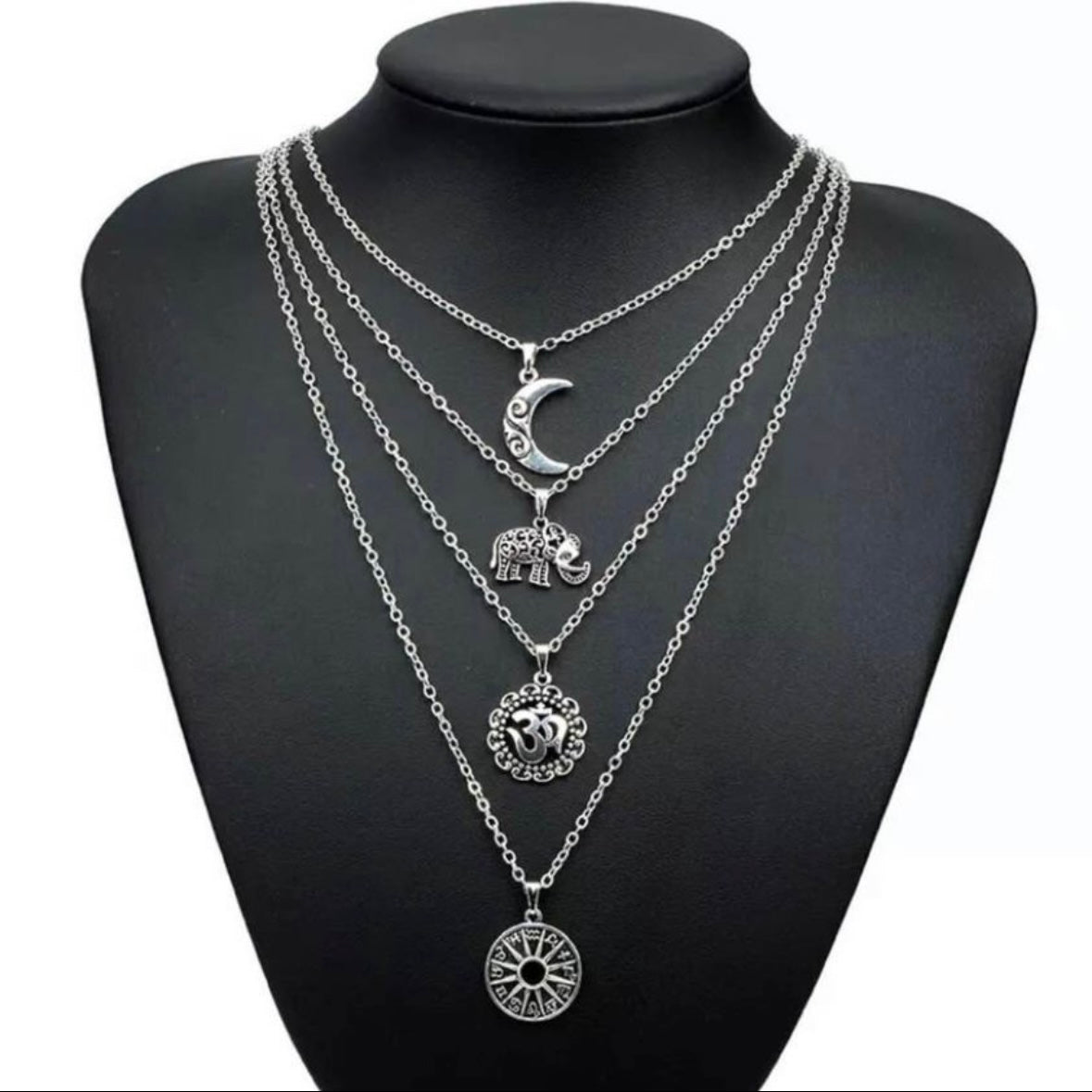 Silver Coloured Vintage Multilayer Necklace with Moon, Elephant and Two Circular Pendants