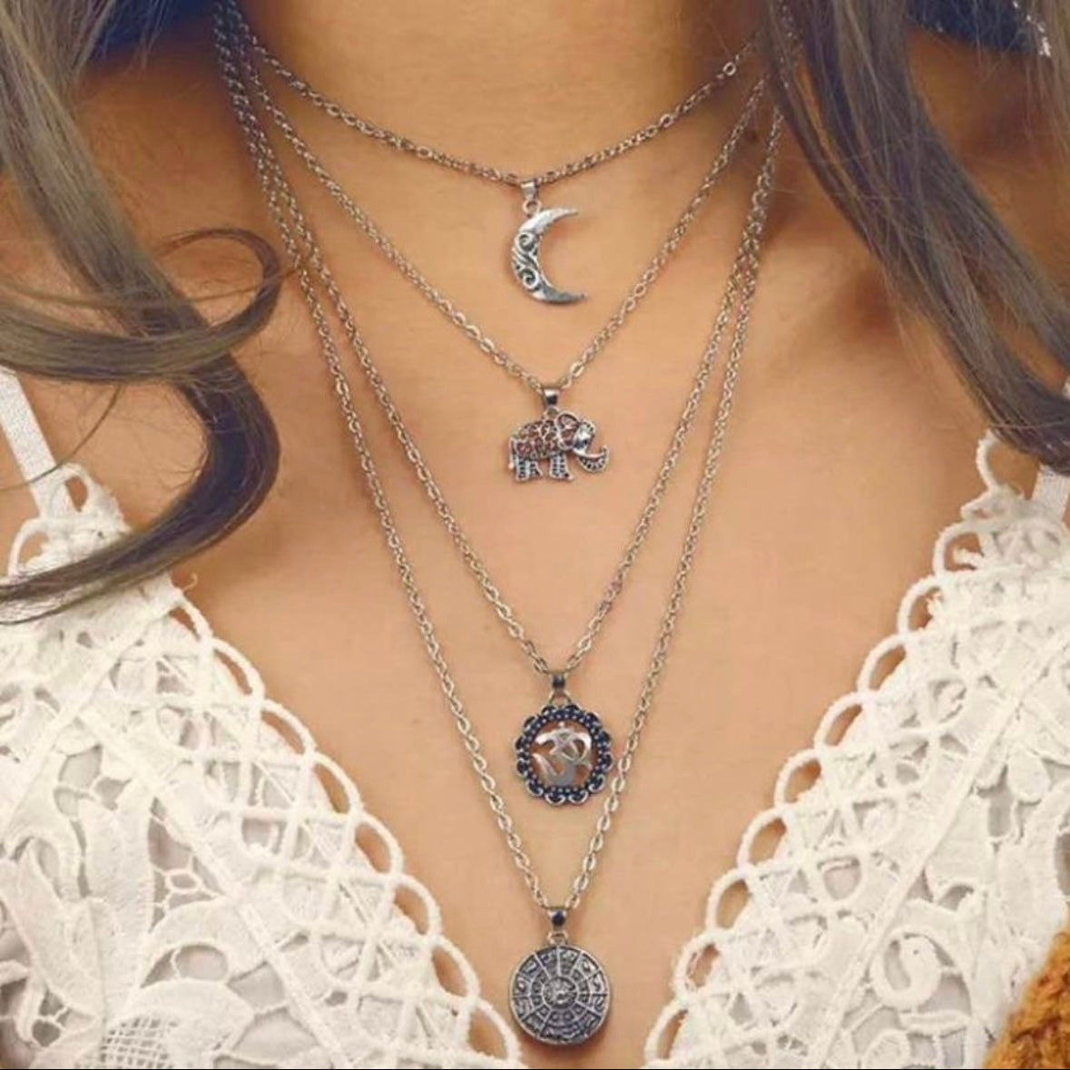 Silver Coloured Vintage Multilayer Necklace with Moon, Elephant and Two Circular Pendants