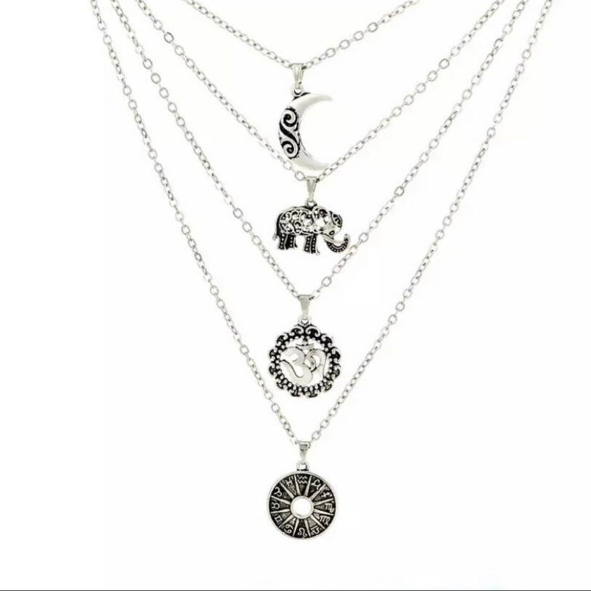 Silver Coloured Vintage Multilayer Necklace with Moon, Elephant and Two Circular Pendants