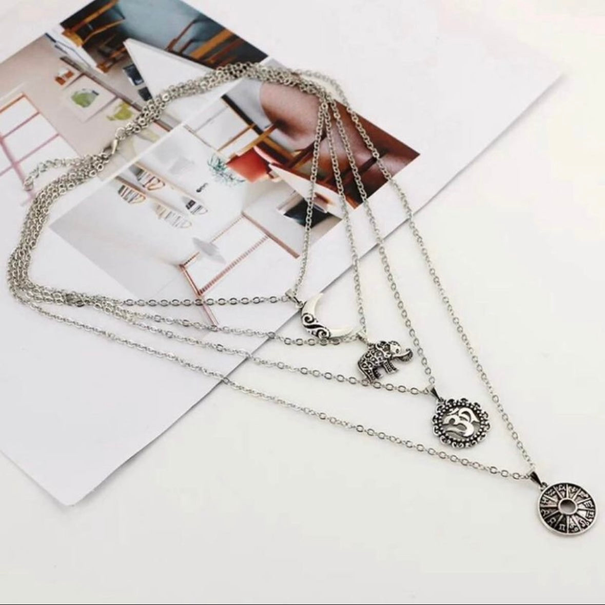 Silver Coloured Vintage Multilayer Necklace with Moon, Elephant and Two Circular Pendants