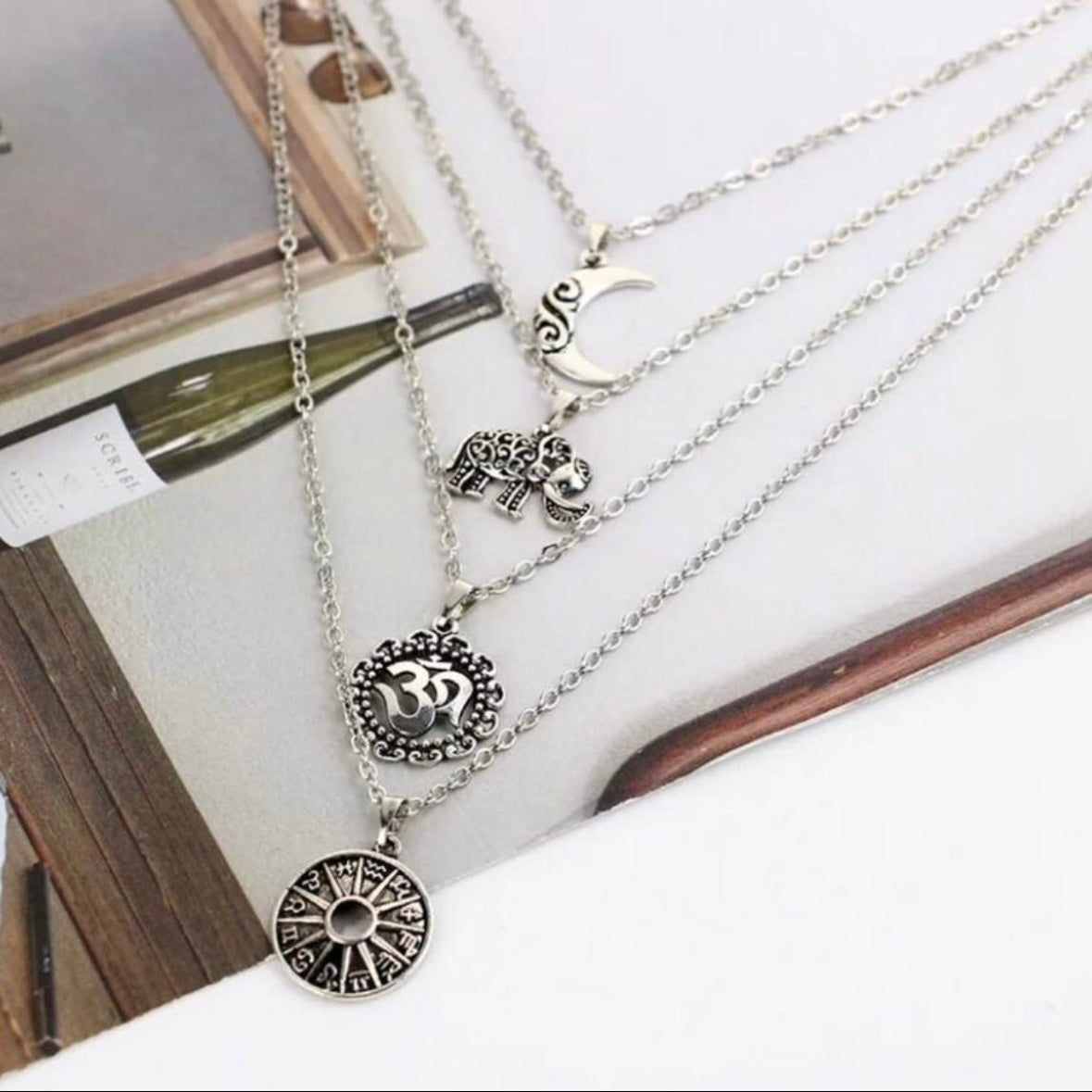 Silver Coloured Vintage Multilayer Necklace with Moon, Elephant and Two Circular Pendants