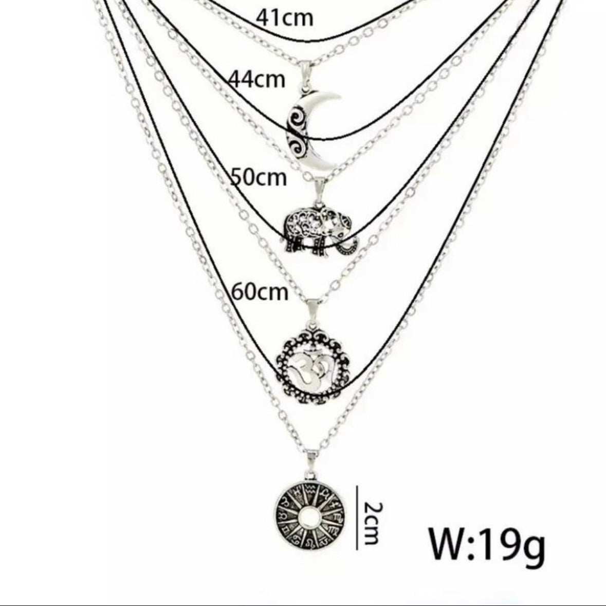 Silver Coloured Vintage Multilayer Necklace with Moon, Elephant and Two Circular Pendants