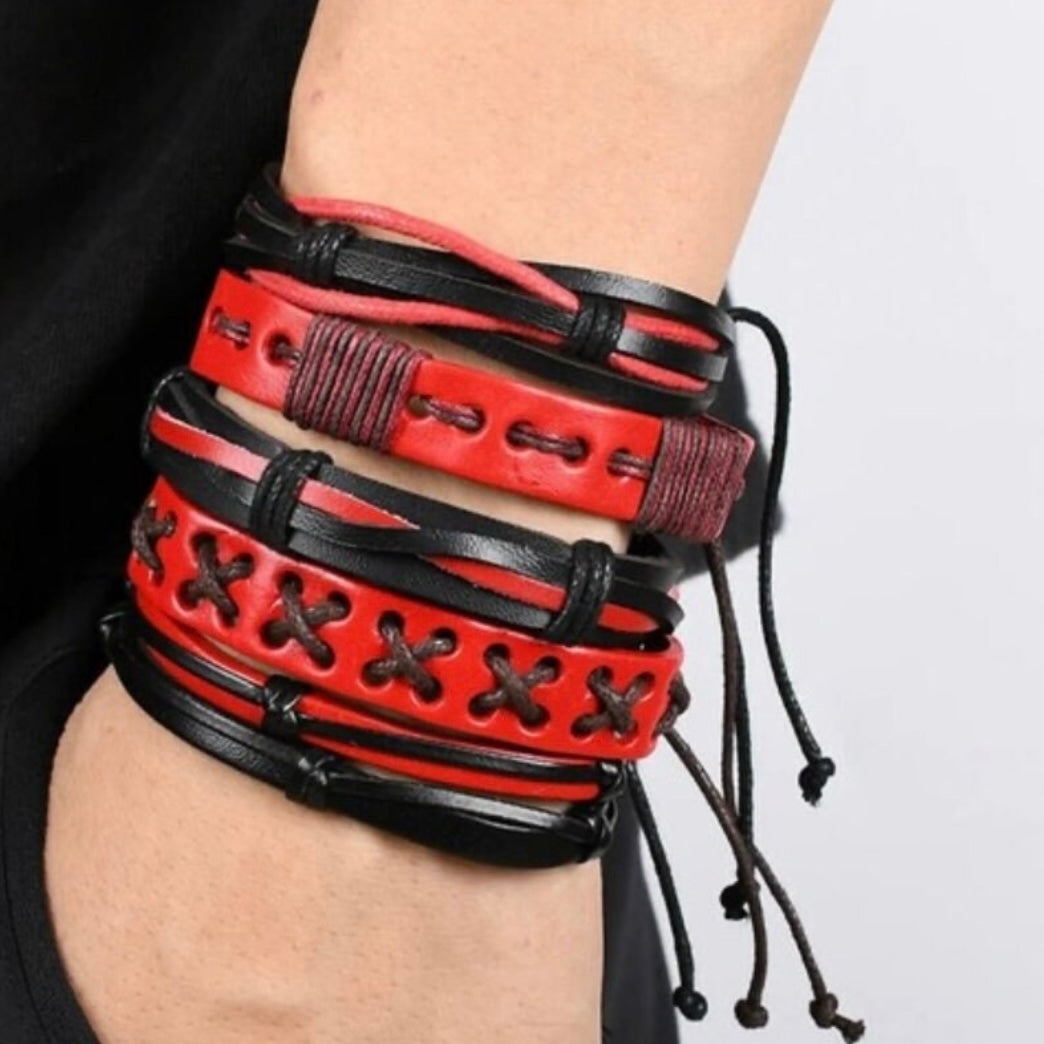 Retro Vintage Red & Black Multilayer Charm Adjustable Bracelet Wristband Cuff