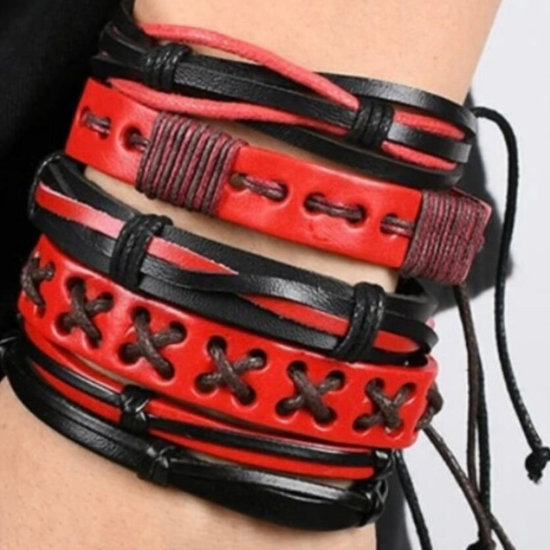 Retro Vintage Red & Black Multilayer Charm Adjustable Bracelet Wristband Cuff