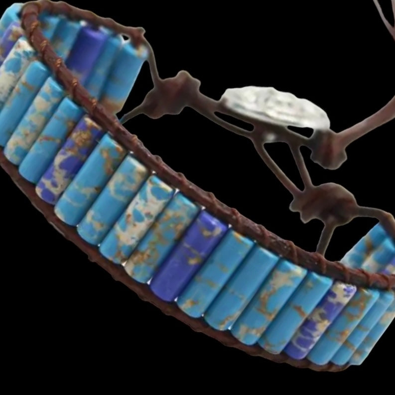 Chakra Jasper Natural Stone Tube Beads Leather Wrap Bracelets Available in Blue and Pink