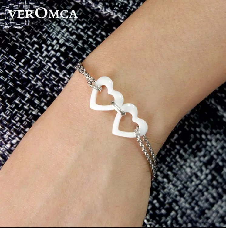 Beautiful Ceramic Double Heart Stainless Steel Bracelet with Free Velvet Pouch