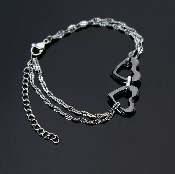 Beautiful Ceramic Double Heart Stainless Steel Bracelet with Free Velvet Pouch