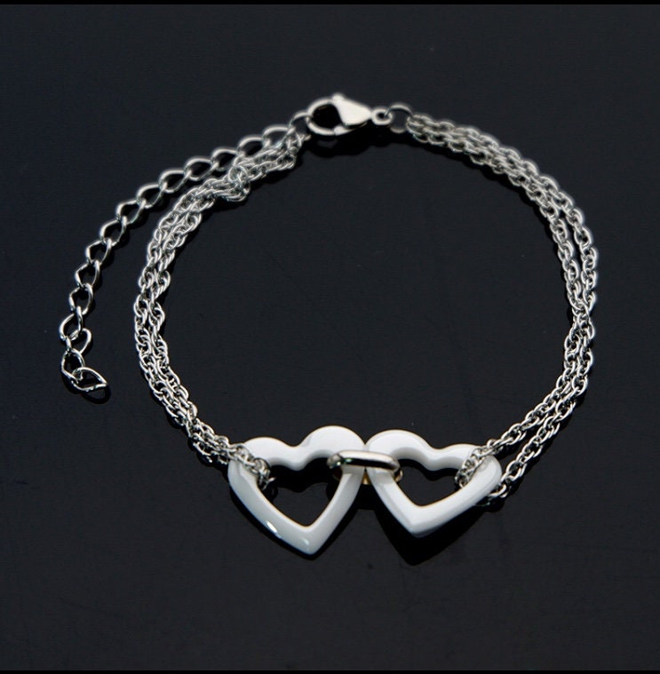 Beautiful Ceramic Double Heart Stainless Steel Bracelet with Free Velvet Pouch