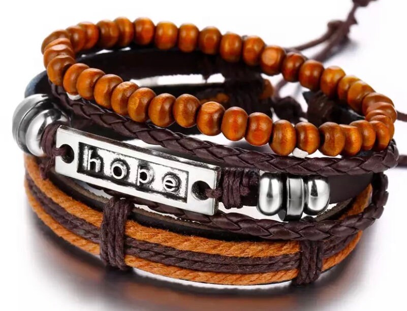 3 Layer Hope Leather Beaded Charm Bracelet