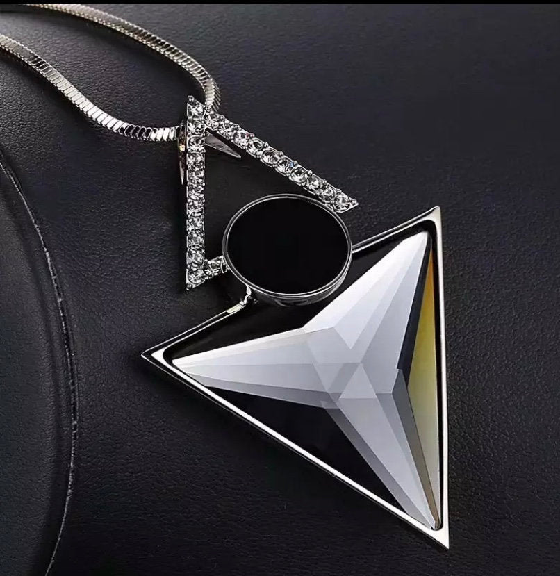 Long Necklace with Two Triangle  and Black Dot Shape Pendant