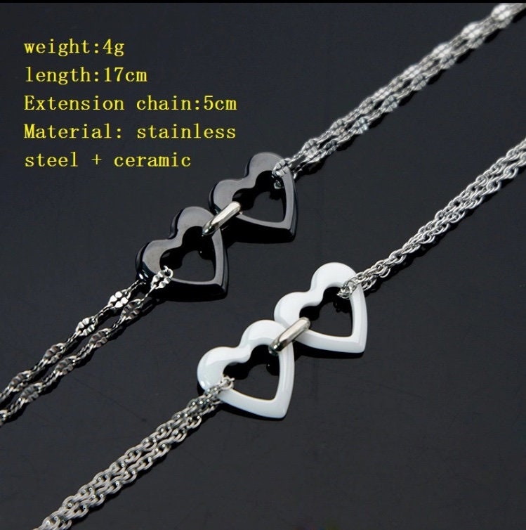 Beautiful Ceramic Double Heart Stainless Steel Bracelet with Free Velvet Pouch