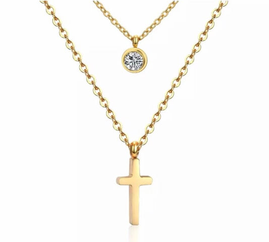 Double Chain Necklace with Cross & Crystal Charm Pendants