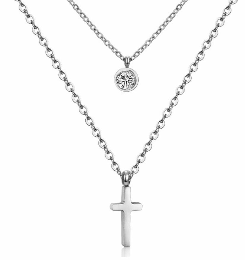 Double Chain Necklace with Cross & Crystal Charm Pendants