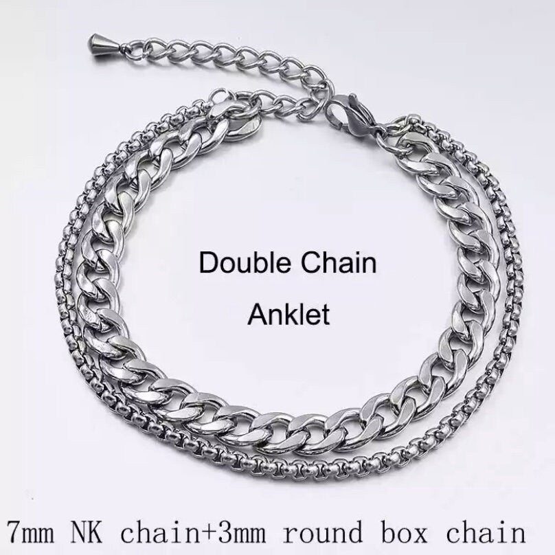 7mm Stainless Steel Double Chain Anklet with 3mm Inner Round Box Chain