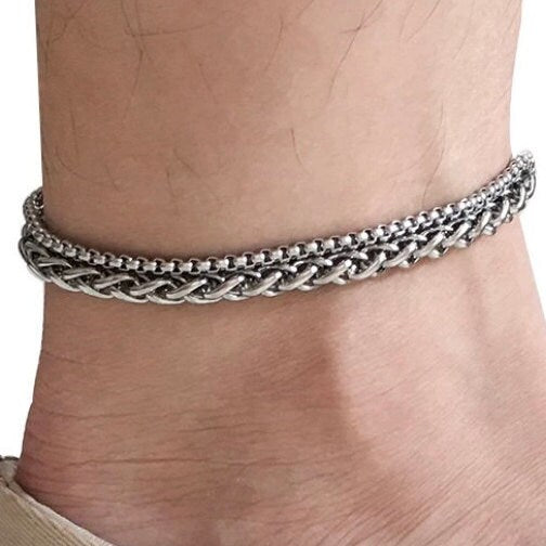 7mm Stainless Steel Double Chain Anklet with 3mm Inner Round Box Chain