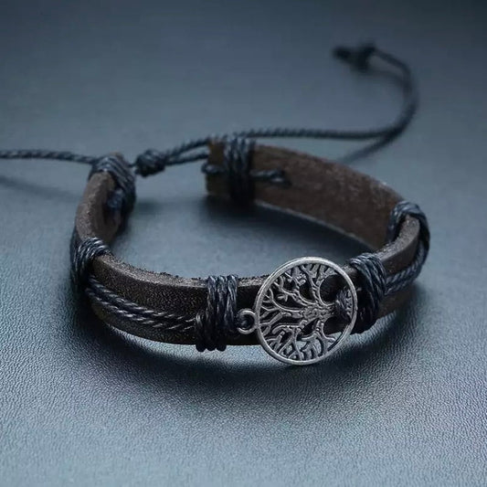 Black Braided Wrap Leather Bracelet with Tree of Life Charm