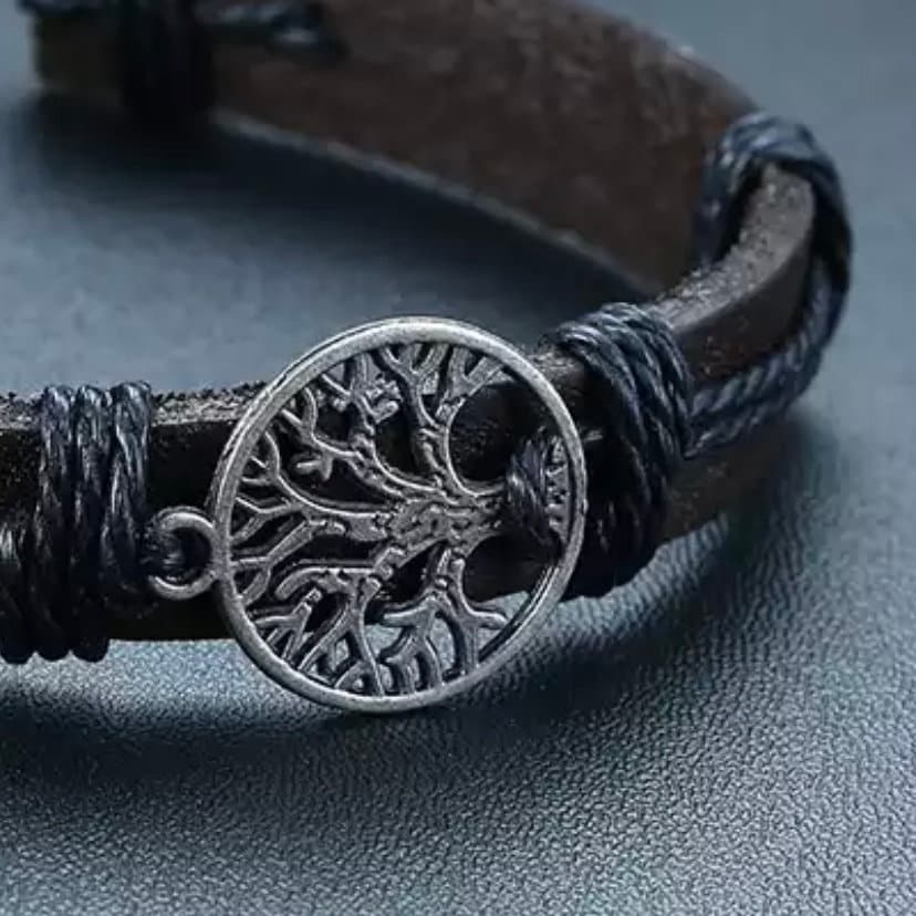 Black Braided Wrap Leather Bracelet with Tree of Life Charm