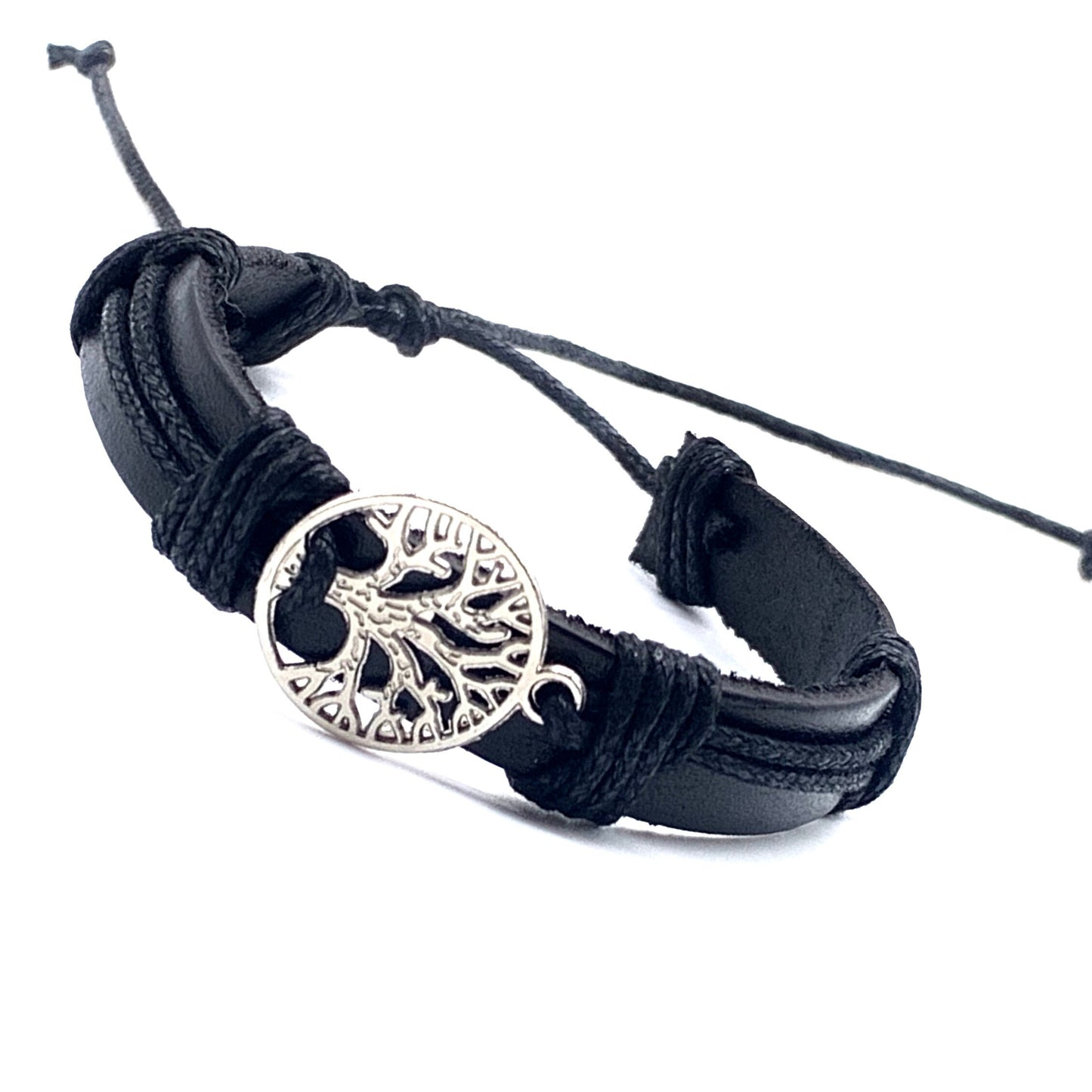 Black Braided Wrap Leather Bracelet with Tree of Life Charm