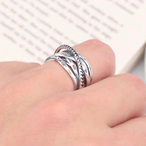 Retro Silver Colour Large Geometric Ring