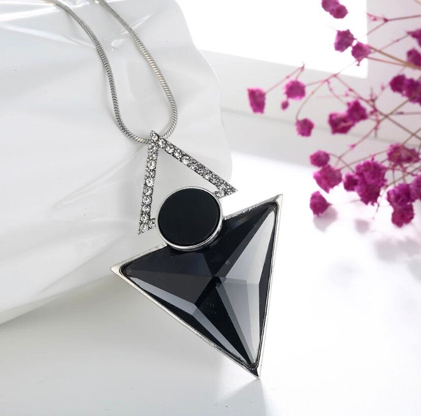 Long Necklace with Two Triangle  and Black Dot Shape Pendant