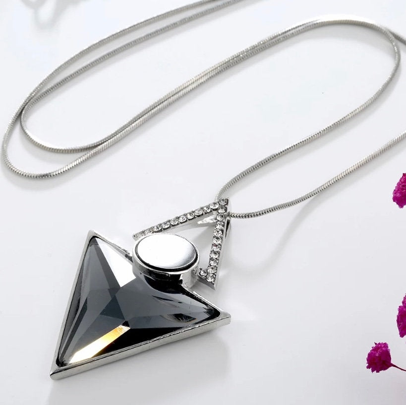 Long Necklace with Two Triangle  and Black Dot Shape Pendant