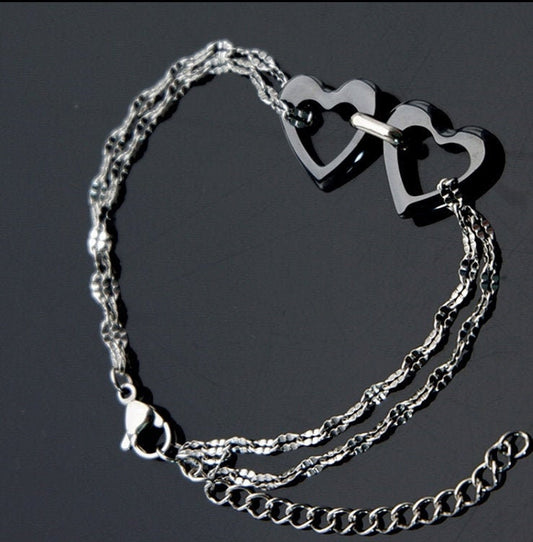 Beautiful Ceramic Double Heart Stainless Steel Bracelet with Free Velvet Pouch