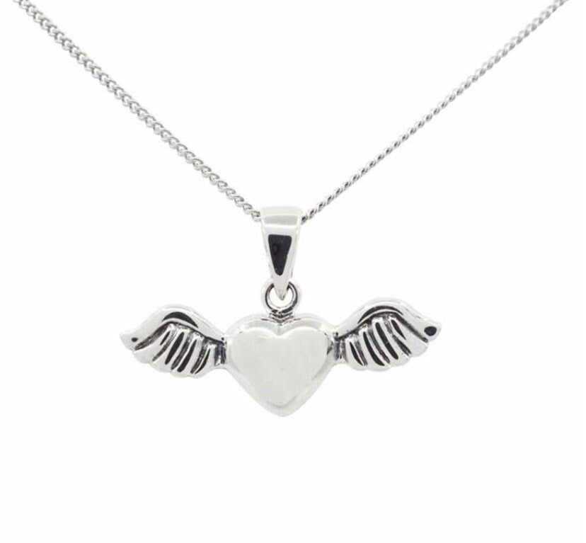 925 Sterling Silver Angel Winged Heart Pendant Necklace