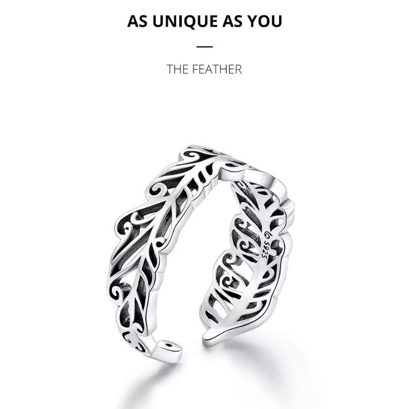 Open Adjustable Plated Silver Stunning Feather Ring