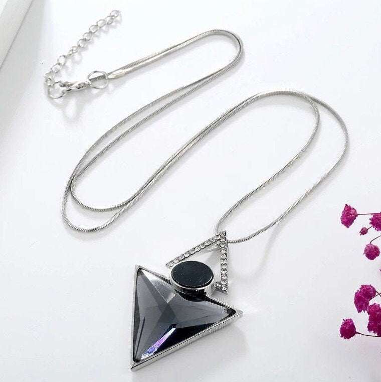 Long Necklace with Two Triangle  and Black Dot Shape Pendant