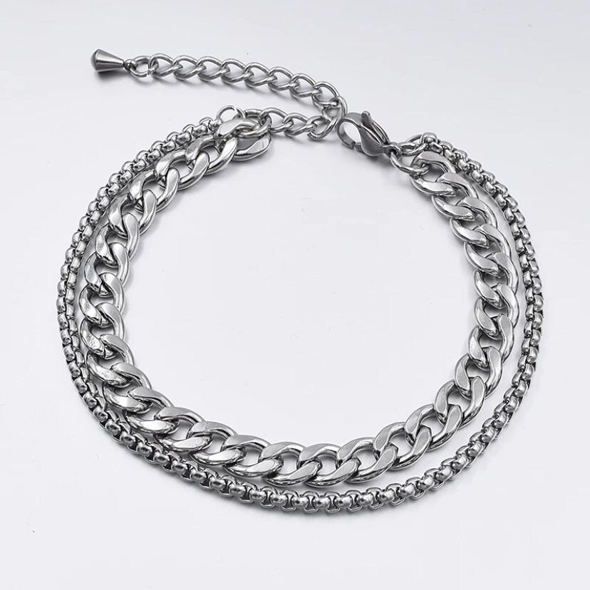 7mm Stainless Steel Double Chain Anklet with 3mm Inner Round Box Chain